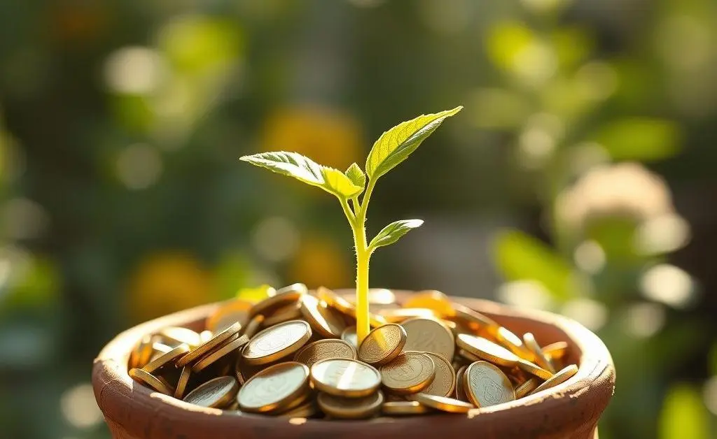 A plant growing from a pot of coins