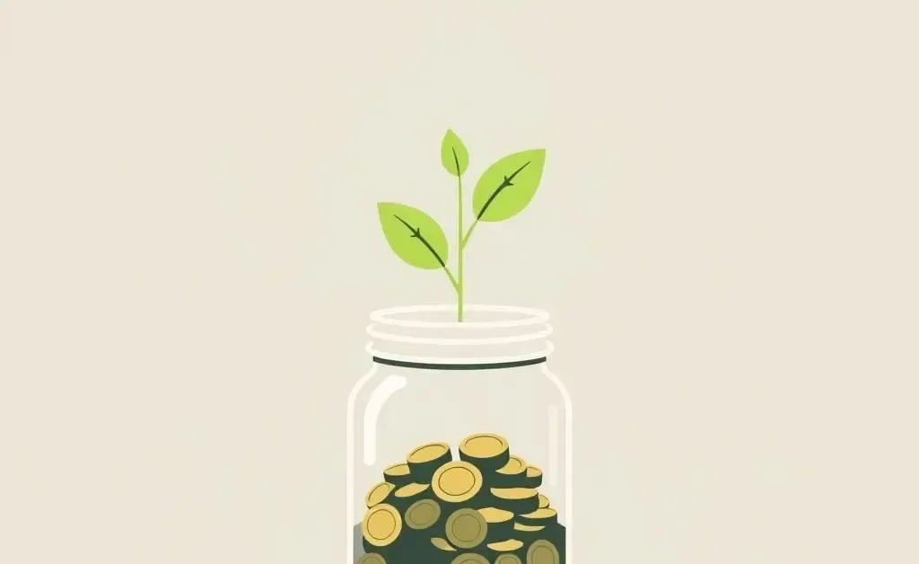Illustration of investment growth represented by a plant and coin jar