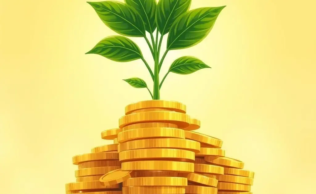 Plant growing from a stack of coins, symbolizing investment growth.