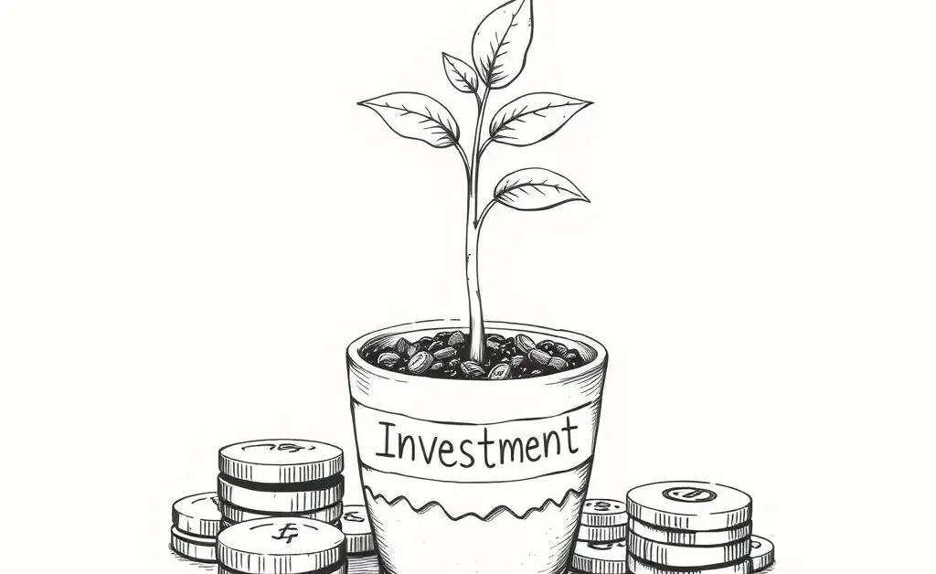 An illustration of investment growth as a potted plant surrounded by coins