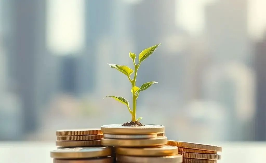 A small plant growing from a stack of coins symbolizing financial growth through investing.