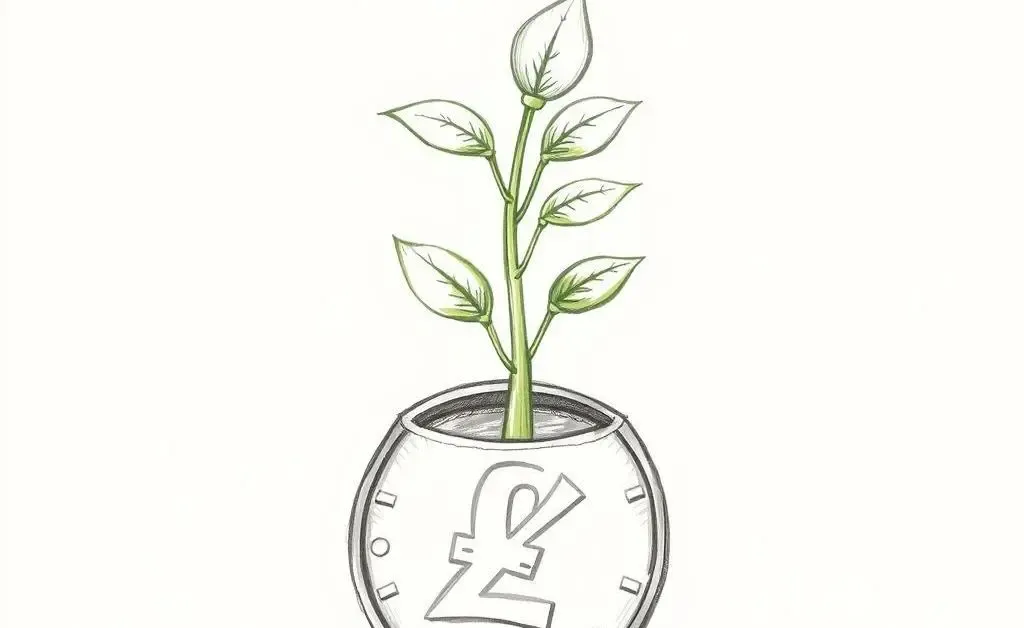 Hand-drawn aesthetic of a plant growing out of a coin pot, symbolizing investment growth.