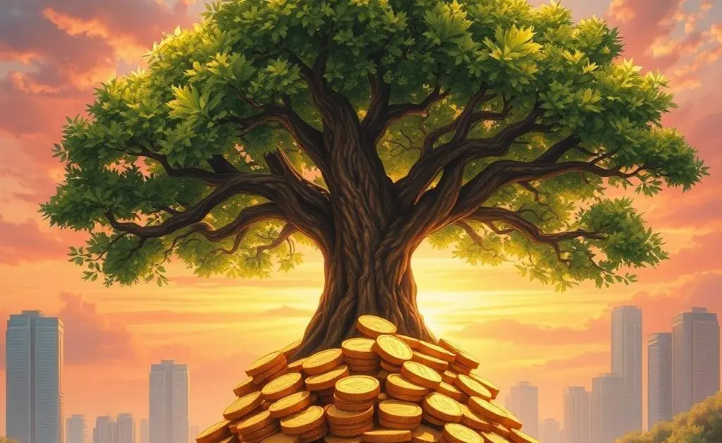 An illustration of a tree growing from a coin stack representing investment growth