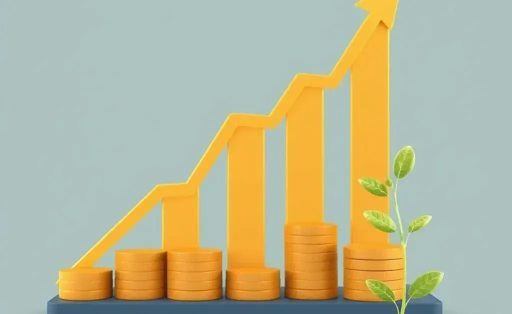 An upward-trending financial growth chart with coins and a small plant