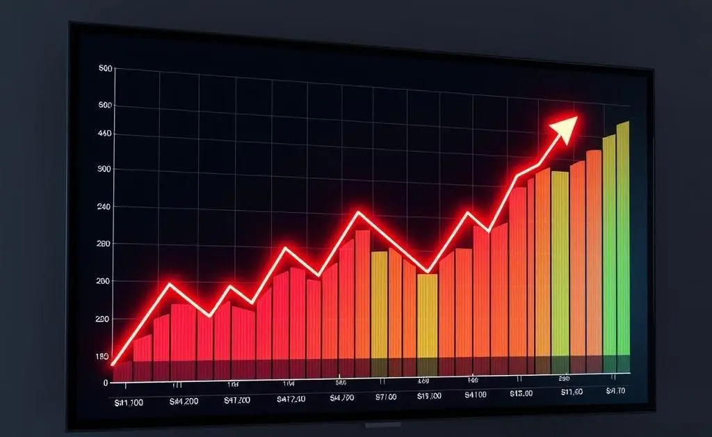 A line chart on a digital screen showing upward investment growth trends.