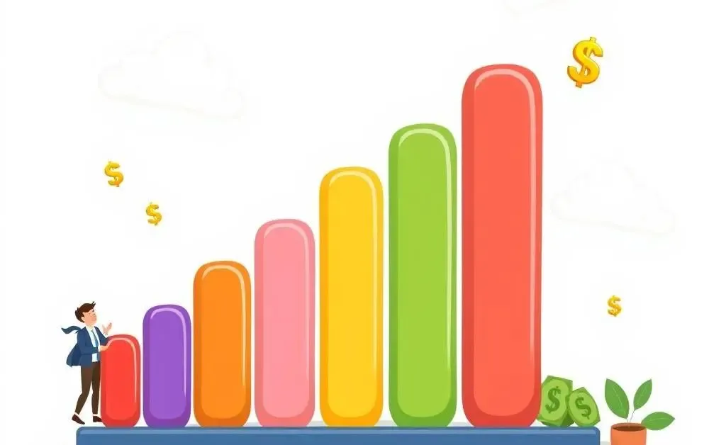 A simple cartoon-style bar chart illustrating investment growth over time