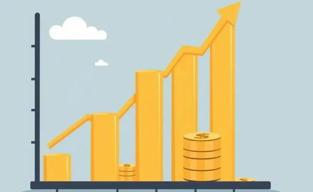 A cartoon-style growth chart displaying an upward trend in investments over time.