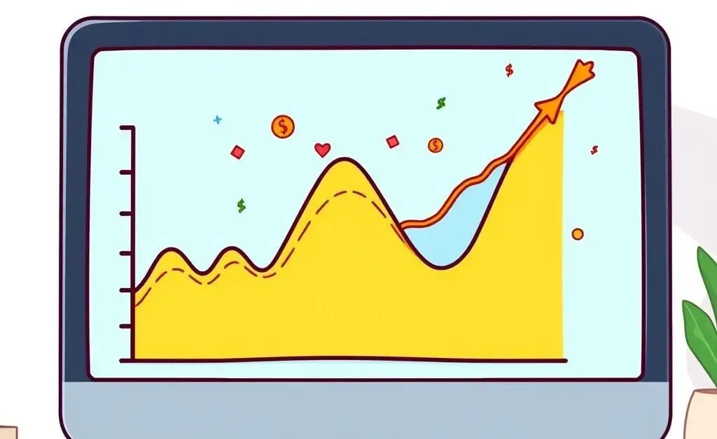 A cartoon-style graph showing investment growth over time on a computer screen
