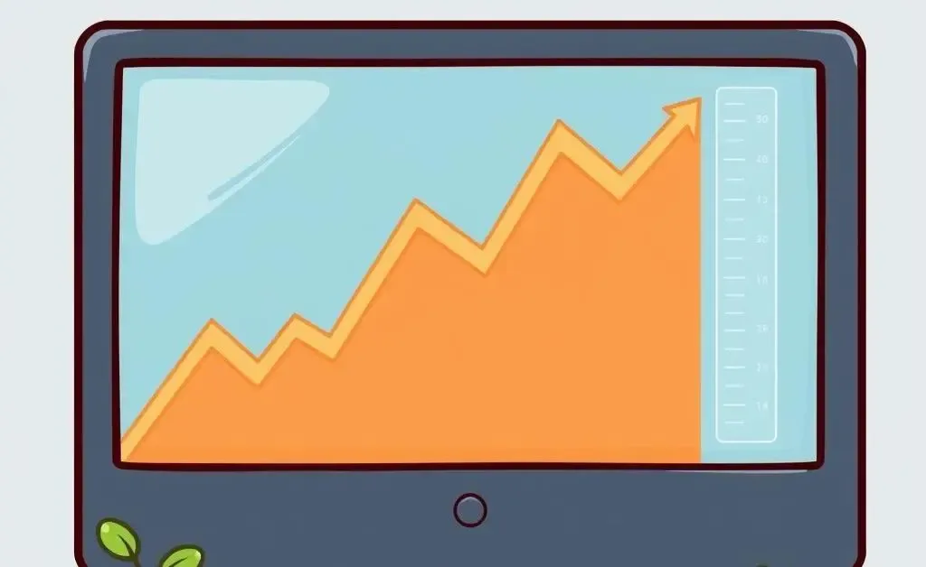 A computer screen displaying an upward-trending stock chart.
