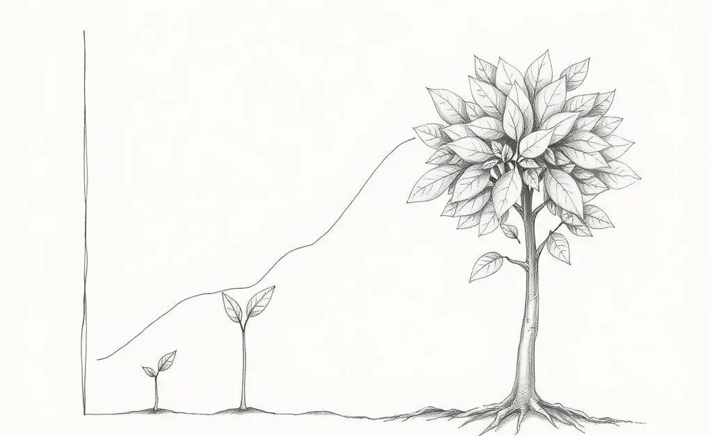 Hand-drawn image of a financial growth chart with a small plant growing into a tree, symbolizing smart investments.