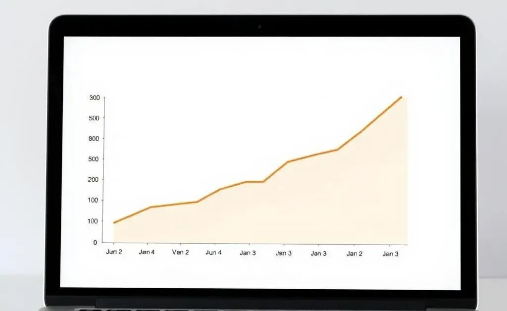 A simple chart showing the gradual growth of investments over time on a laptop screen.
