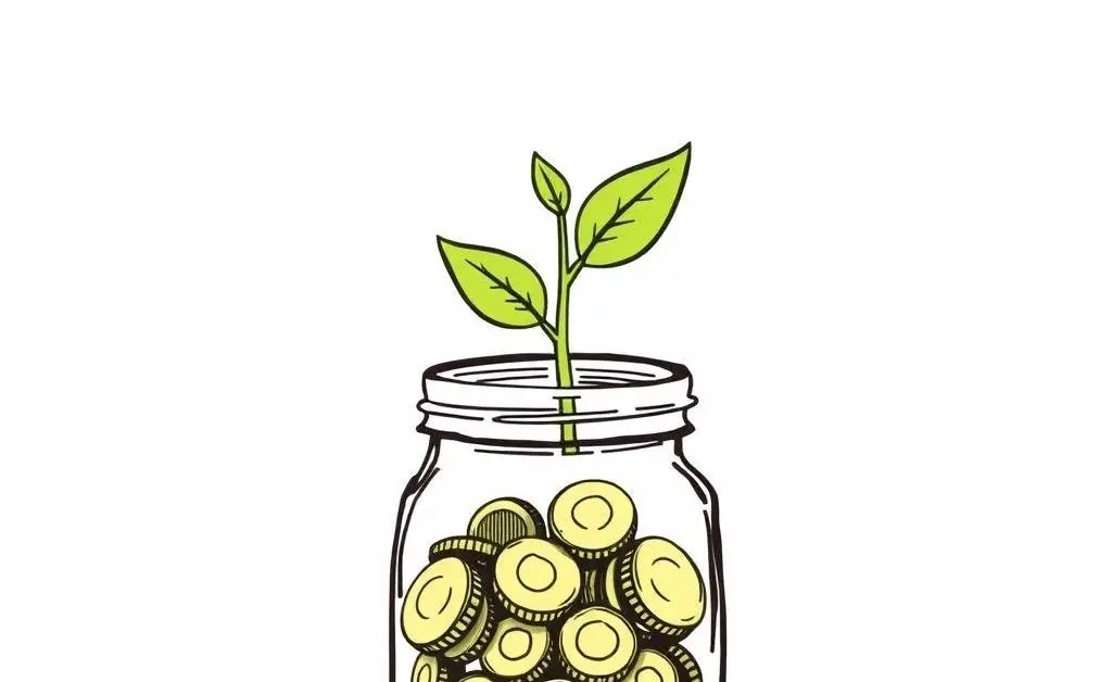A small plant growing from a jar of coins, symbolizing investment growth.