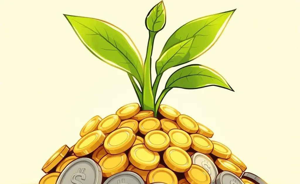 Cartoon-style image of a plant growing from a pile of coins, symbolizing investment growth.