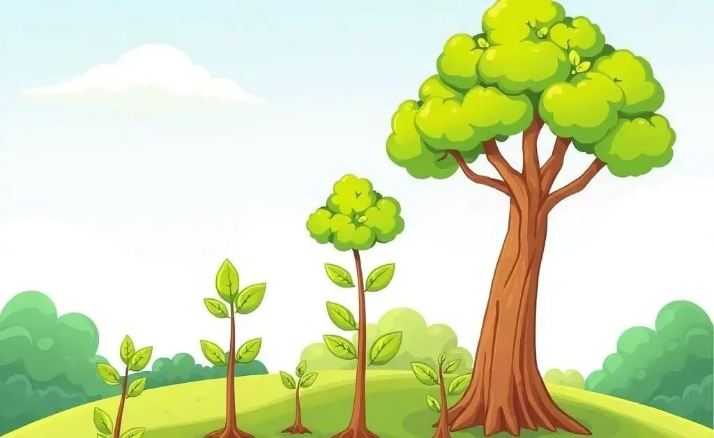 A cartoon-style image depicting small plants growing into trees, symbolizing investment growth.