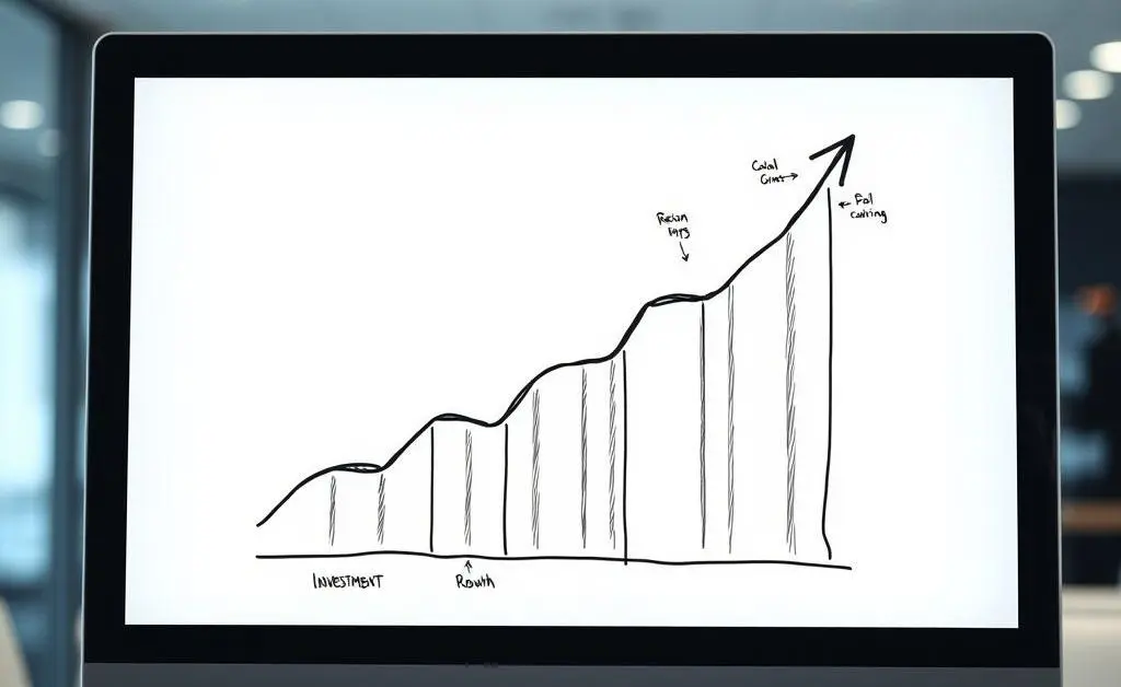 A hand-drawn graph showing upward investment growth on a computer screen.