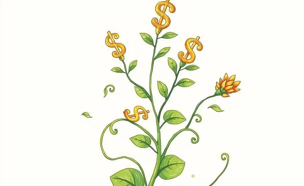 A whimsical drawing of a plant growing money symbols, representing financial growth through smart mortgage decisions.