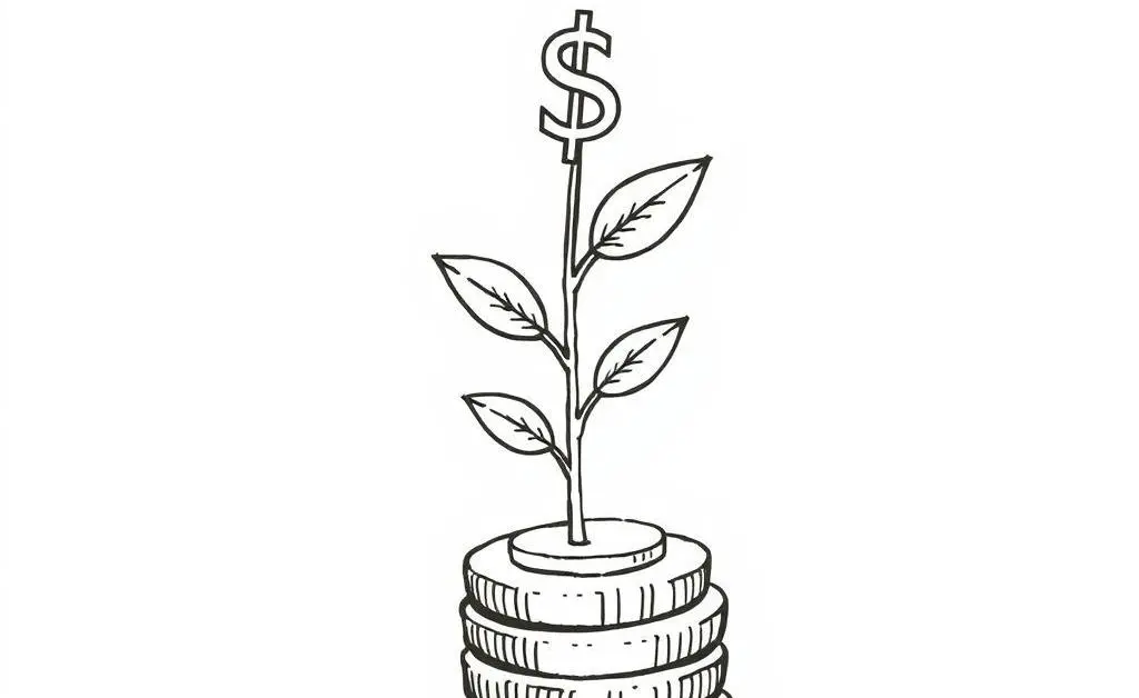 Hand-drawn image of a small plant with dollar signs growing from stacked coins.
