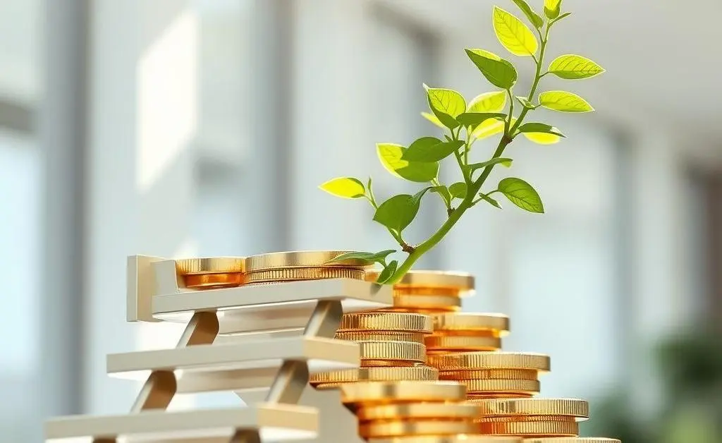 A plant growing up a ladder made of coins, symbolizing investment growth.