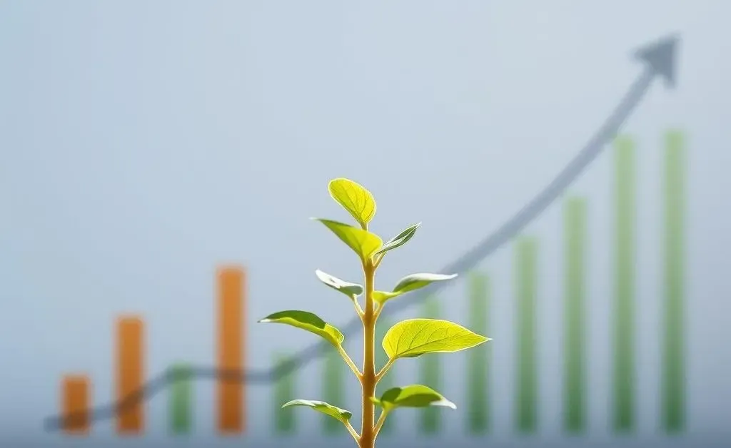 Visual representation of a small plant growing alongside a graph indicating financial growth.