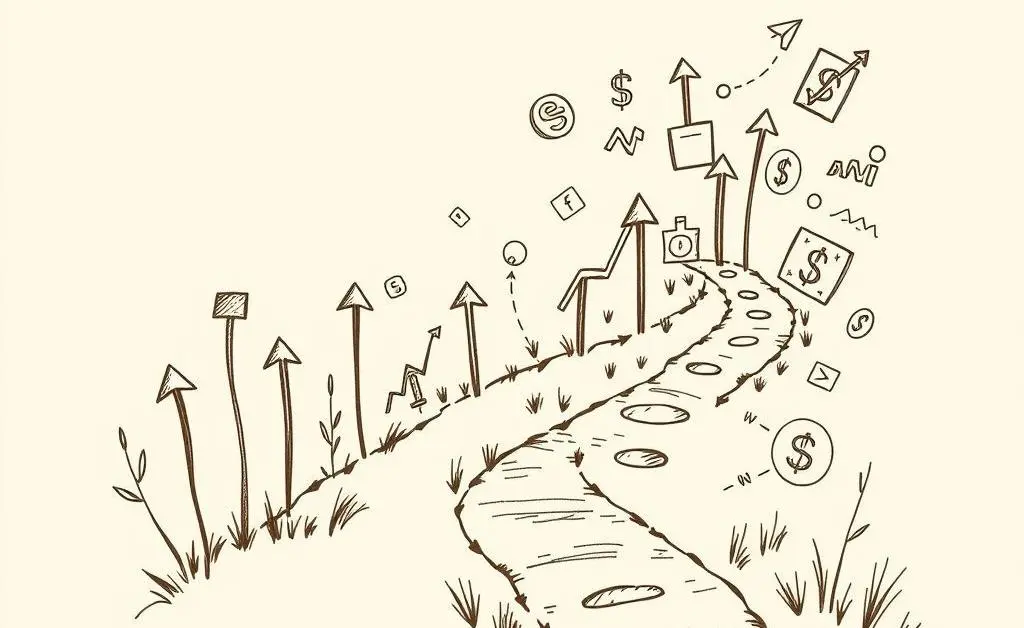 A hand-drawn aesthetic of a winding path filled with various financial symbols representing investment growth.