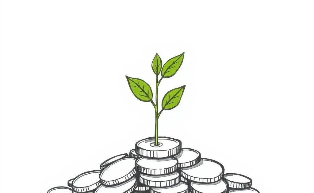 A small plant growing out of coins.