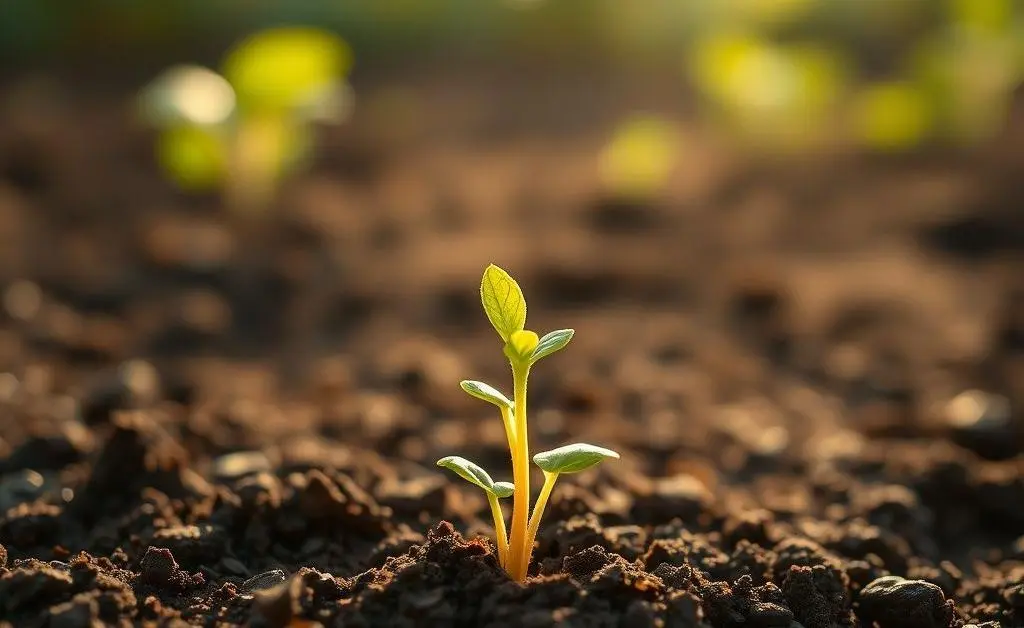 A young plant breaking through the soil symbolizes investment growth.