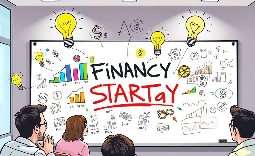 A brainstorm session around financial planning with doodles of graphs and lightbulbs.