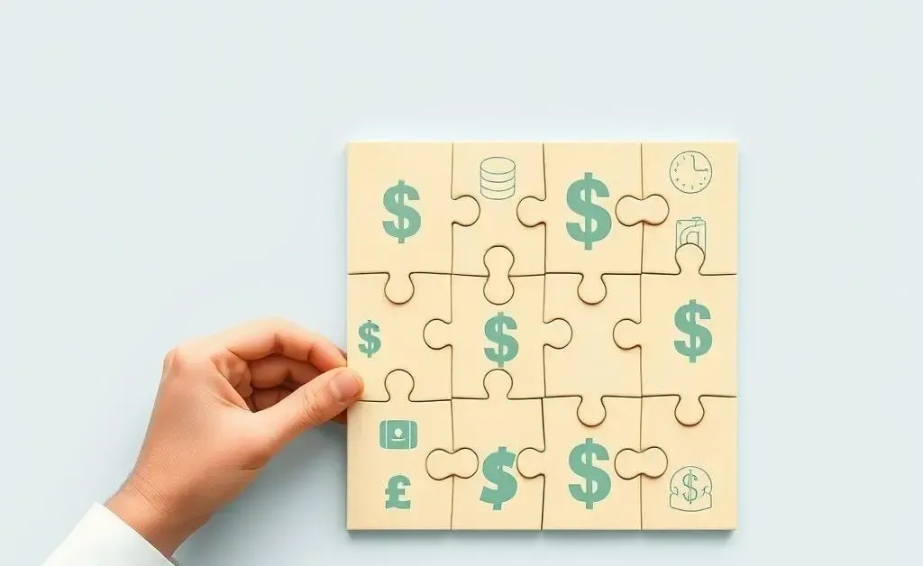 A modern, minimalist image of a person assembling a jigsaw puzzle made up of financial symbols.