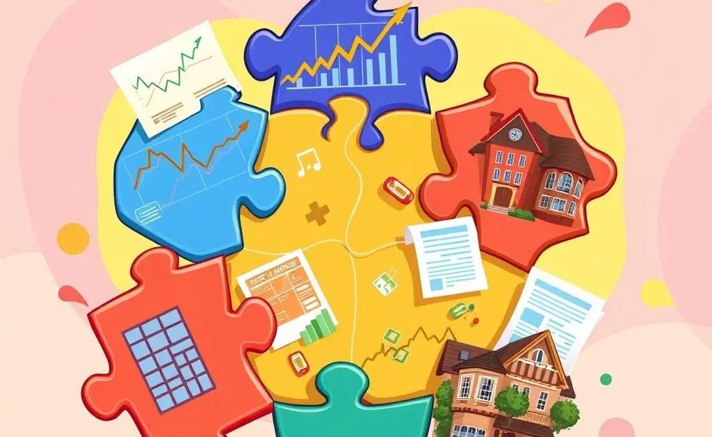 A jigsaw puzzle with investment pieces like stocks, bonds, and real estate.