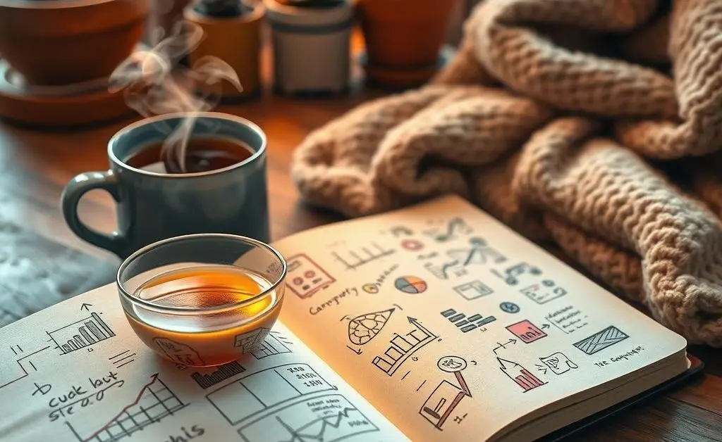 A journal open with doodles and notes about investing