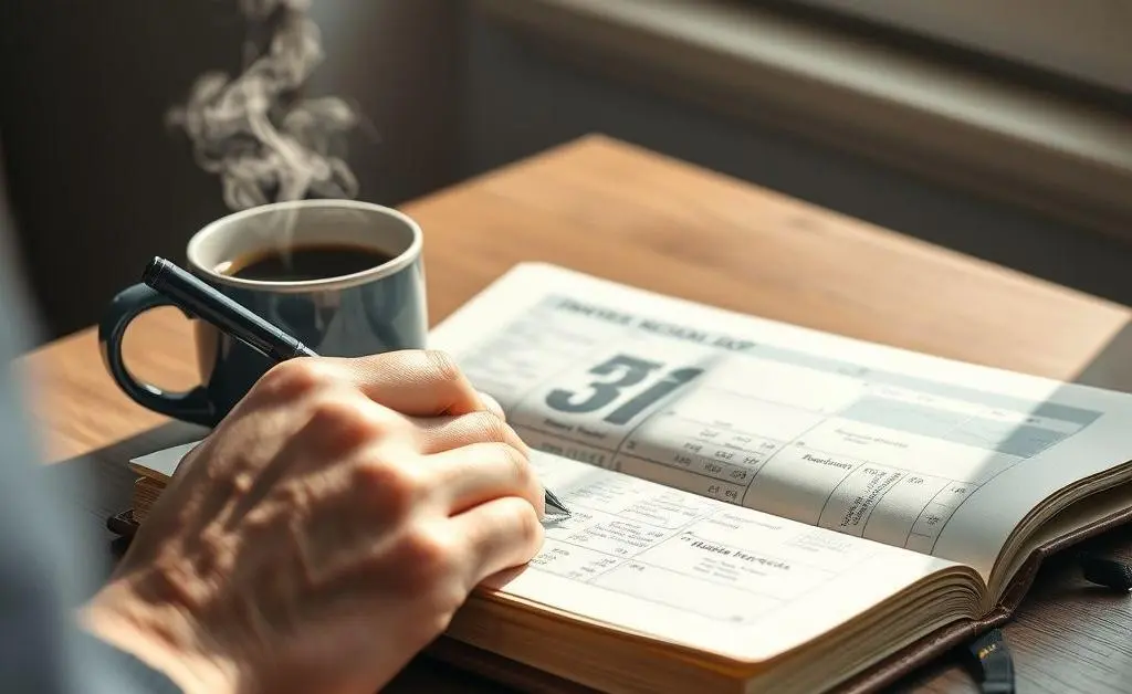 A hand writing in a journal about investment strategies with a cup of coffee next to it.