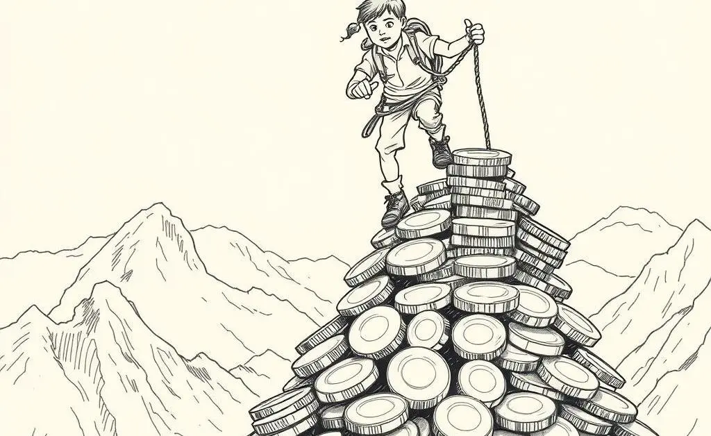 A hand-drawn style graphic of a person climbing a mountain of coins.