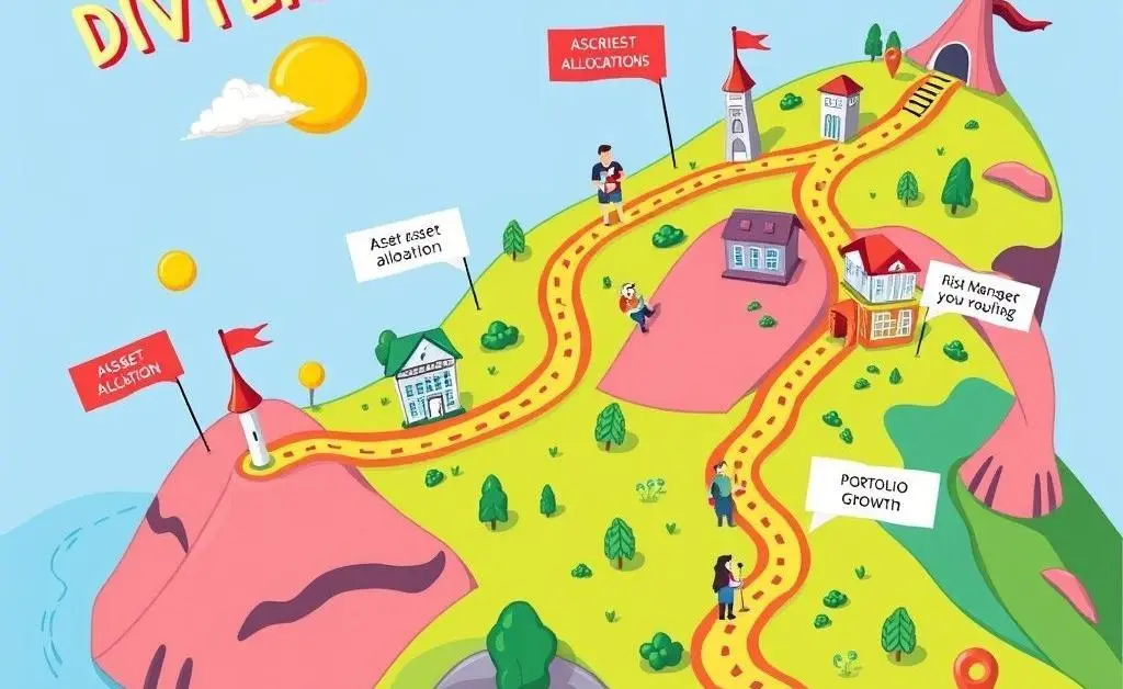 A cartoonish map with a winding path, marked with milestones for diversified investing steps.