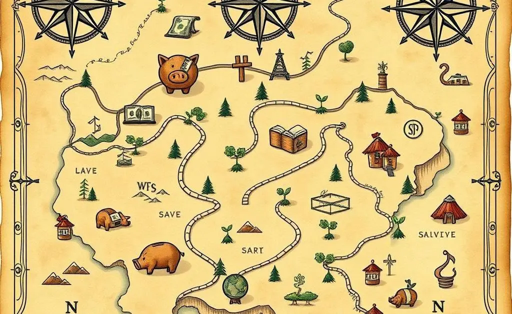The journey of investment with symbols for saving, investing, and growing wealth