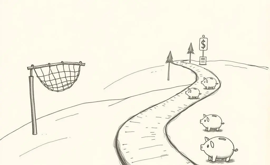 A hand-drawn financial journey map showing various milestones like emergency fund, investments, and savings.