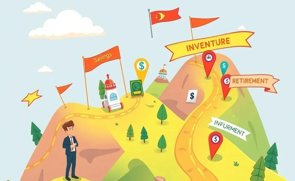 Map illustrating a financial journey with investment milestones