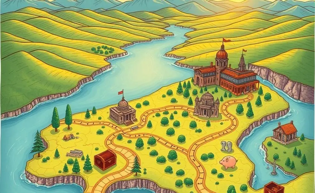 Artistic map illustration showing an investment journey with landmarks representing different financial goals.