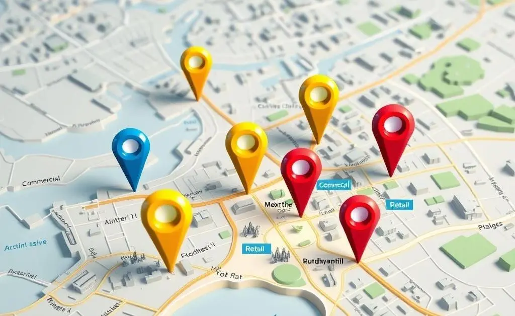 A map with markers labeled for different real estate investment options