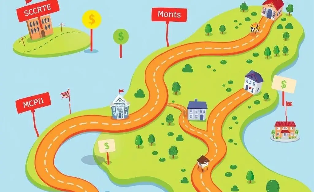 A cartoon-style map highlighting different paths of property investment and SCPI, with playful icons along the way.