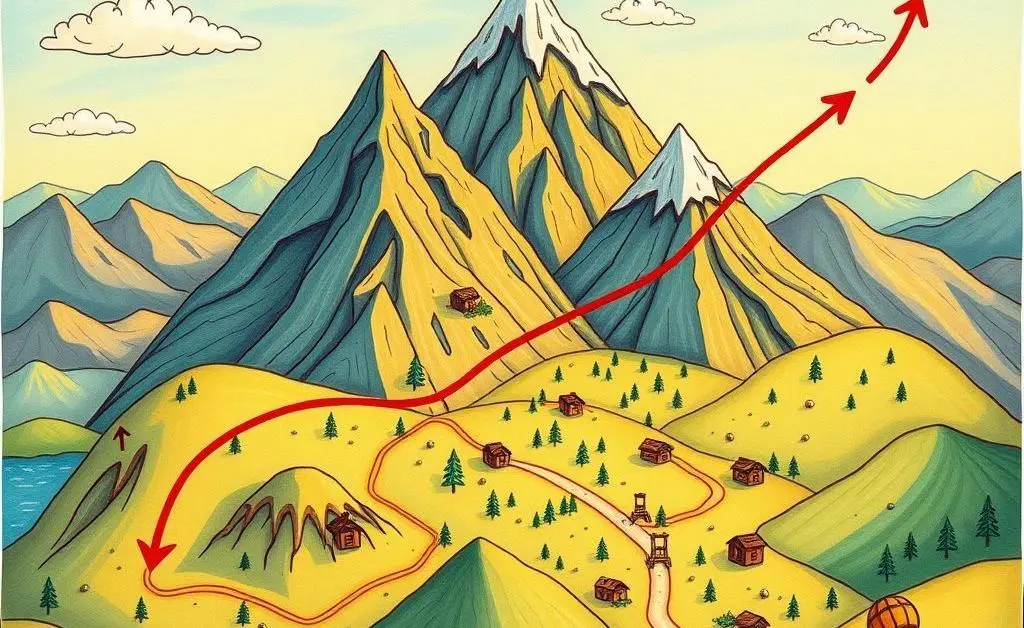 An illustrated map of an investment journey showing ups and downs.