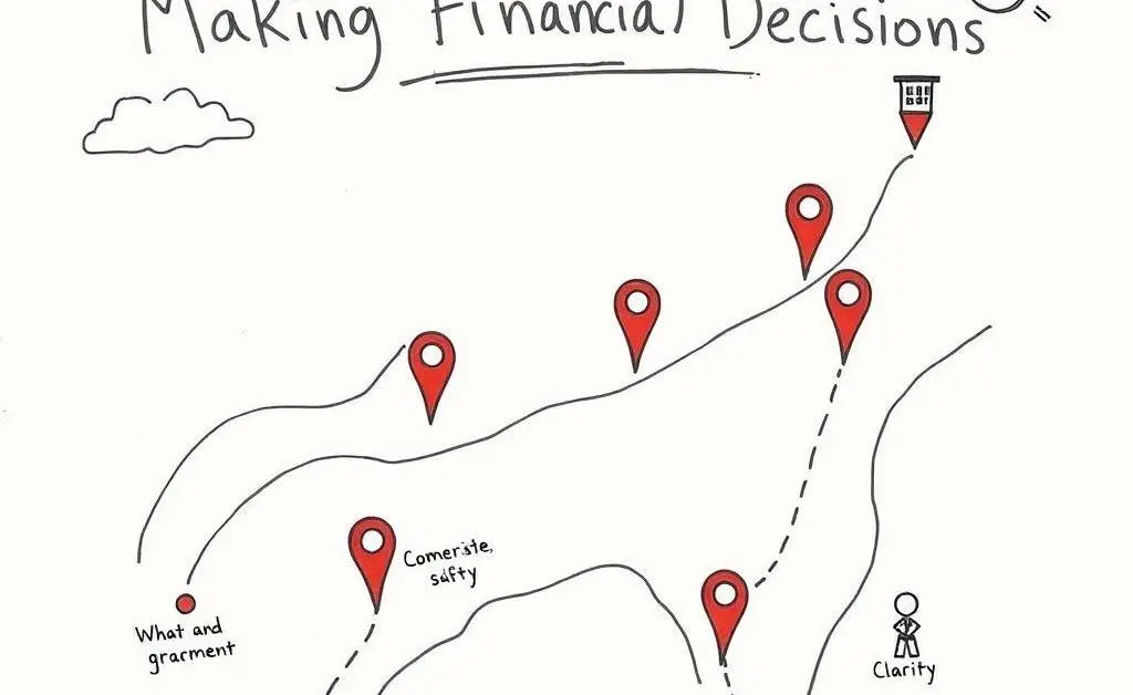 A hand-drawn map illustrating the journey of making financial decisions with path markers and symbols for clarity and growth.