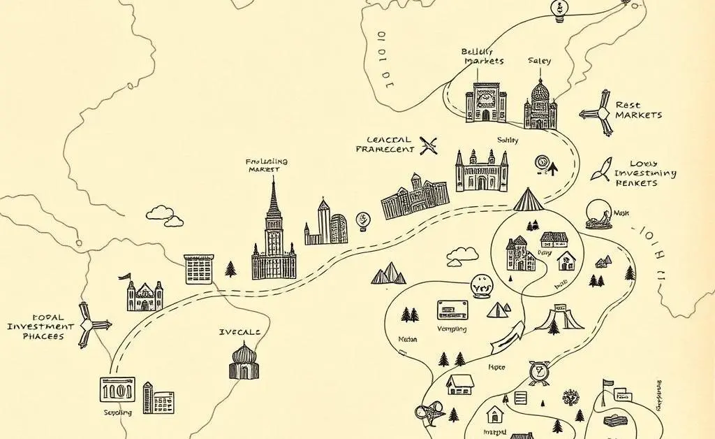 A hand-drawn map illustrating a journey through different stages of investment