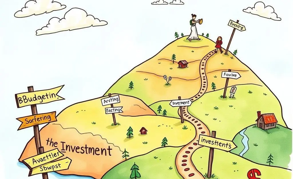 Map showing a whimsical investment journey through different stages.