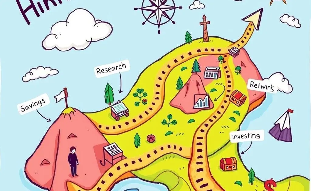 A cartoon map showing a person's journey, labeled steps leading to investment success.