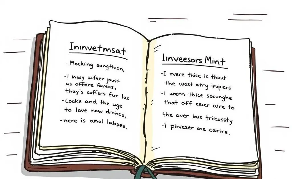 A hand-drawn illustration of a notebook open on a table with notes about investments