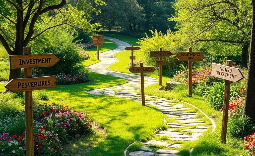 A winding path depicting an investment journey with signposts
