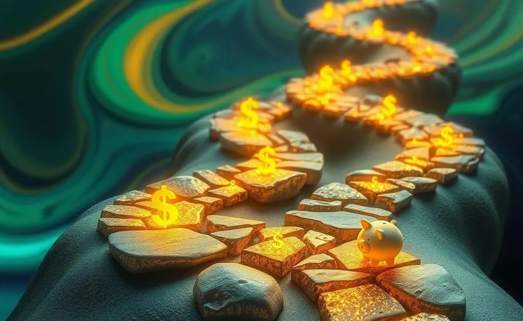 An abstract path with milestones representing parts of an investment journey, like dollar signs and piggy banks.