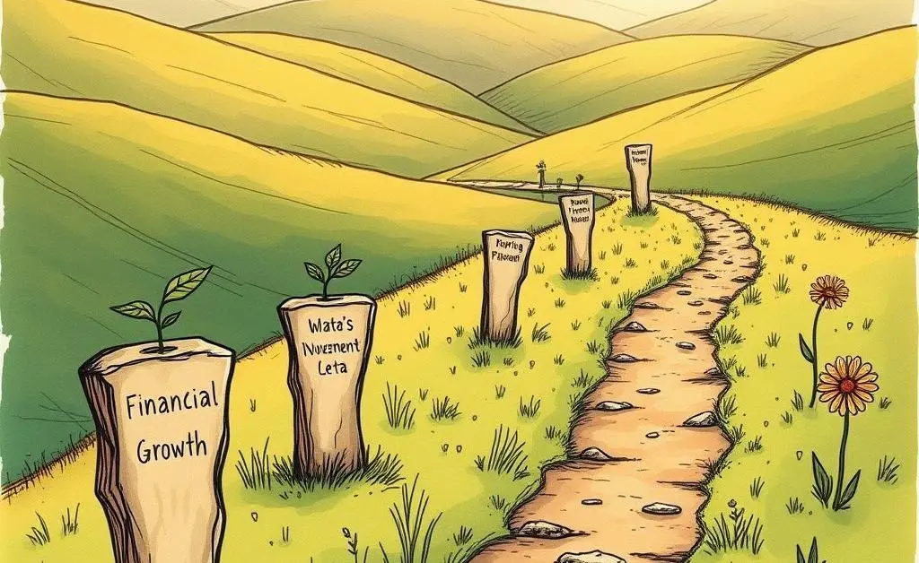 A hand-drawn path with milestones representing different stages of an investment journey.
