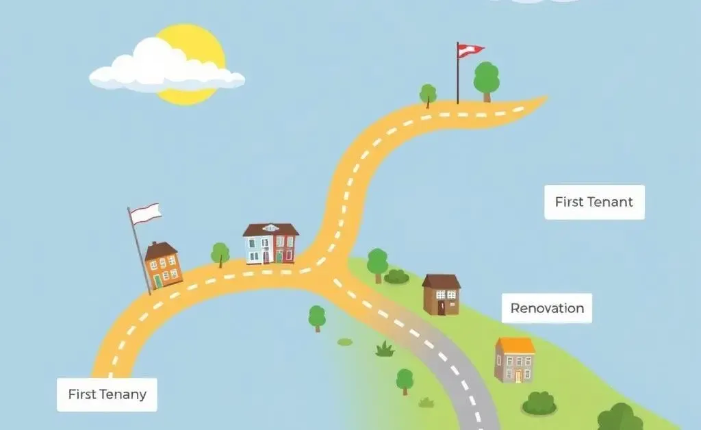 Cartoon-style roadmap showing the journey of property investment with landmarks like 'First Tenant', 'Renovation', and 'Profit'