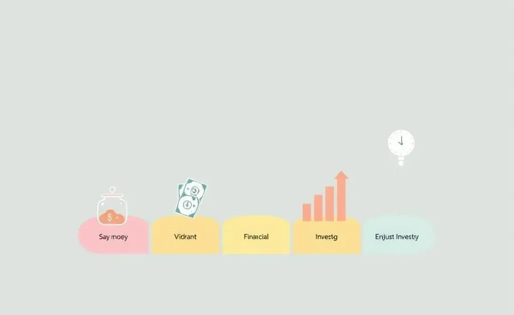 A minimalist roadmap illustration with milestones from saving to investing cheerfully